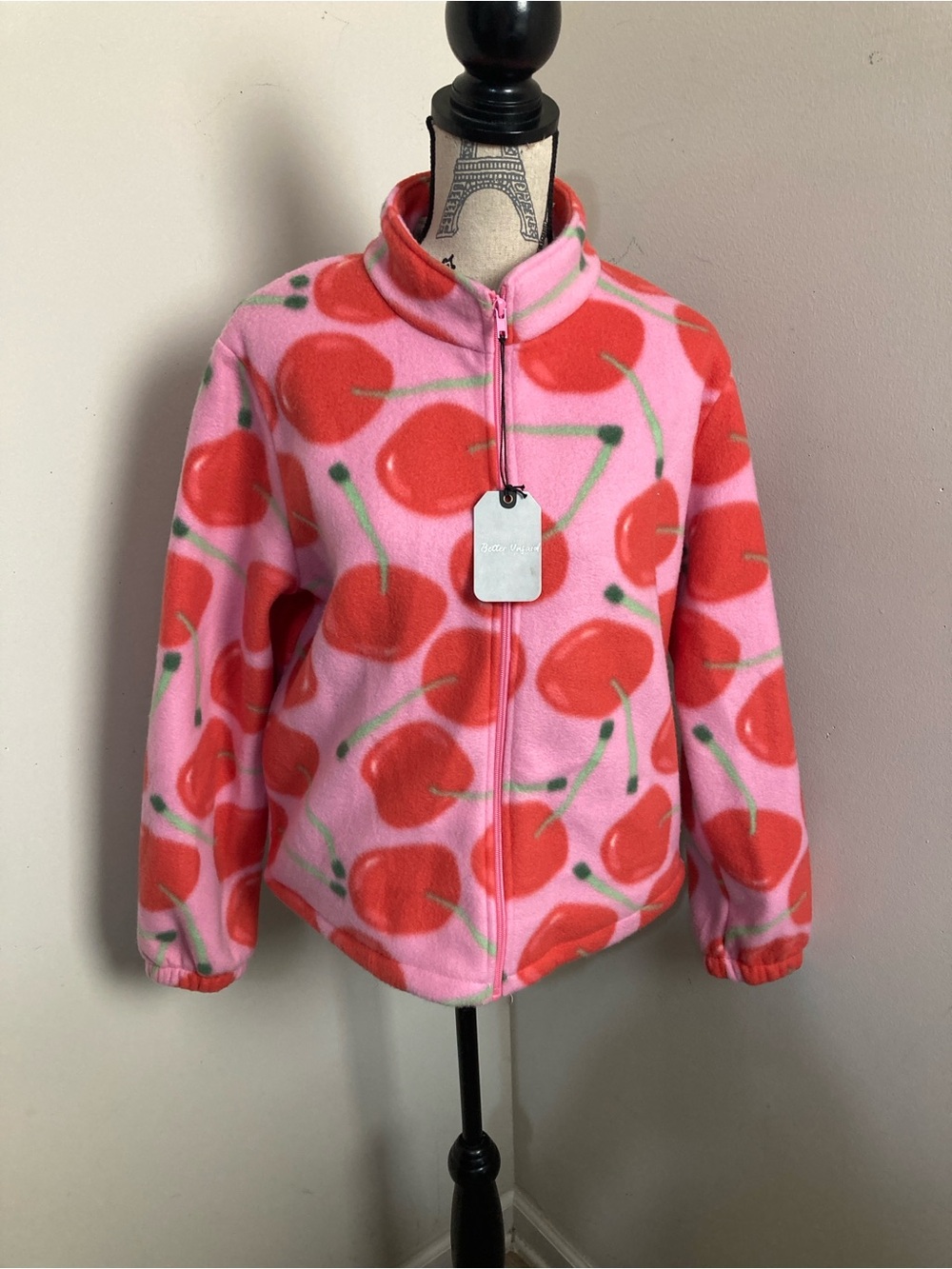 Women’s Pink Cherry Print Sherpa Jacket - Full Zip Front